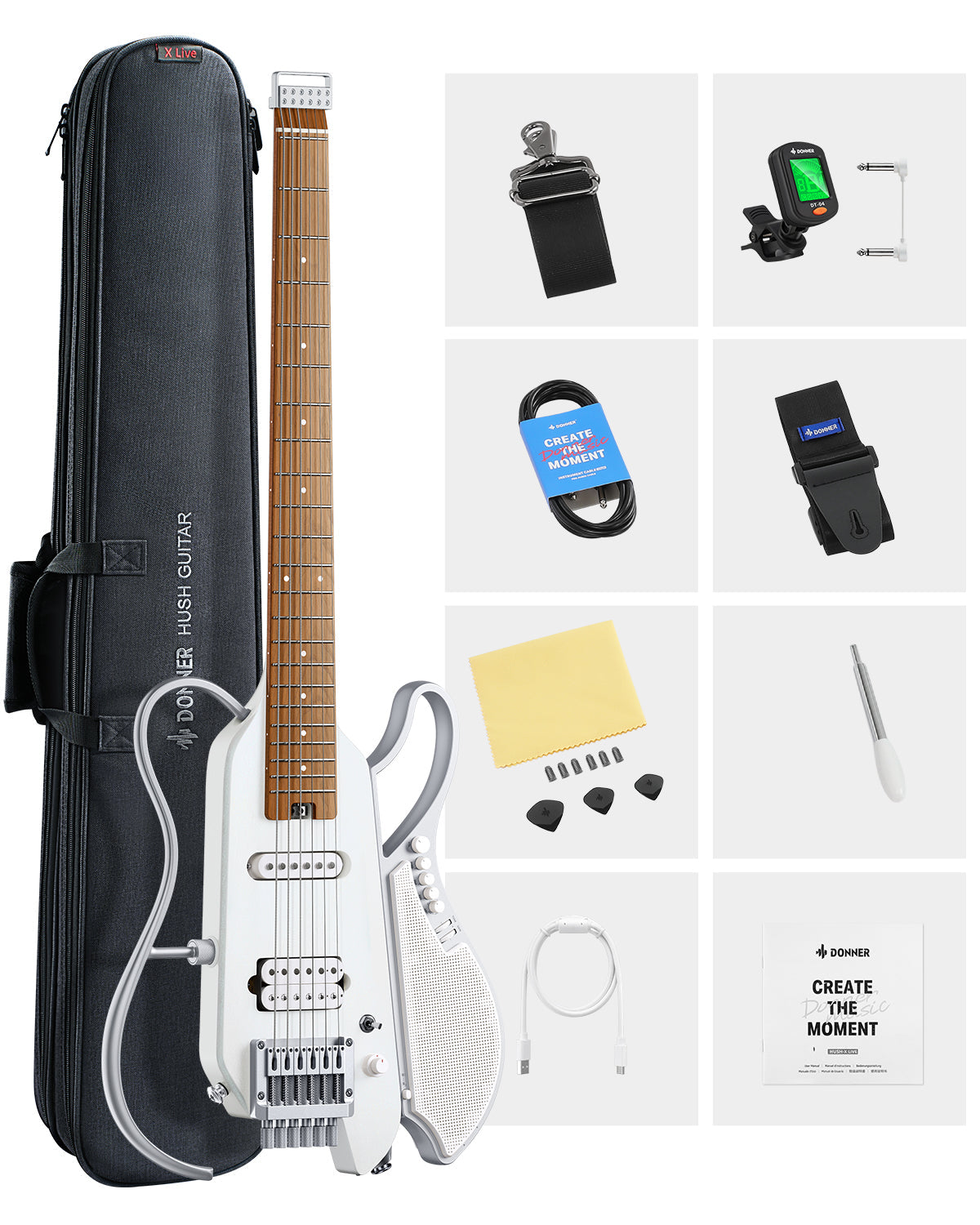 Donner Guitare électrique de voyage HUSH X LIVE avec haut-parleur
