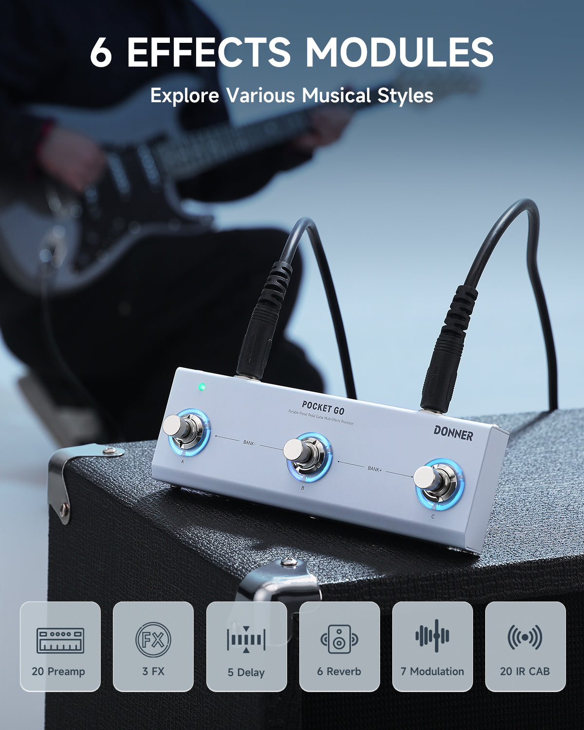 DONNER Pocket Go – Portable Preset Pedal Multi-Effects Processor for Guitar
