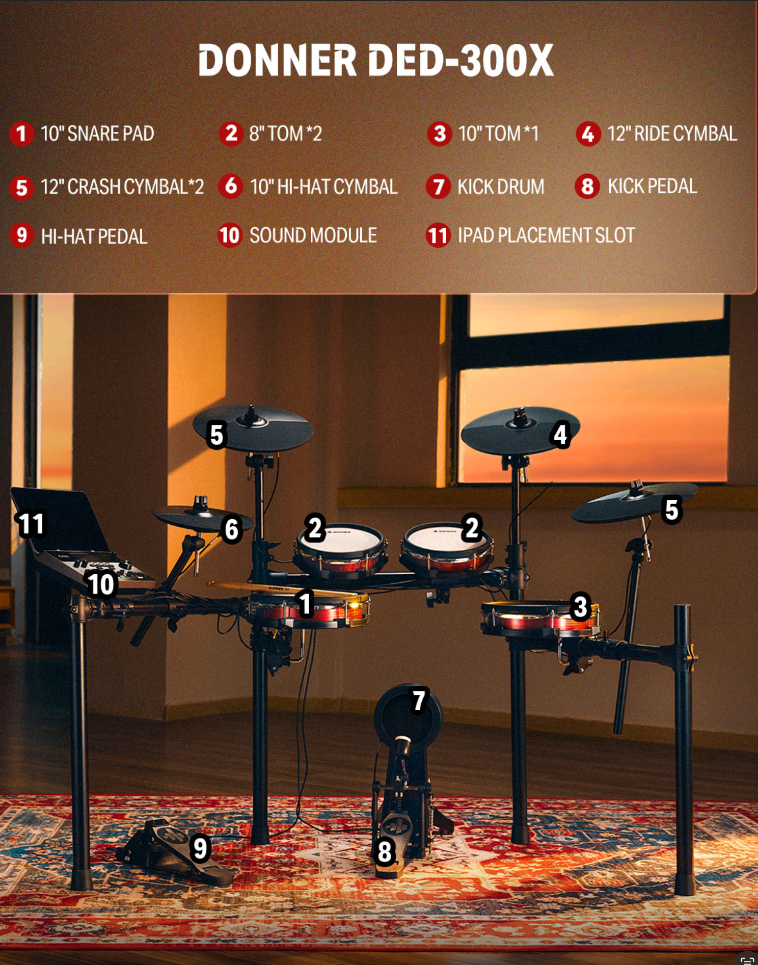 Donner DED-300X 5 Drums 4 Cymbals Electronic Drum Set