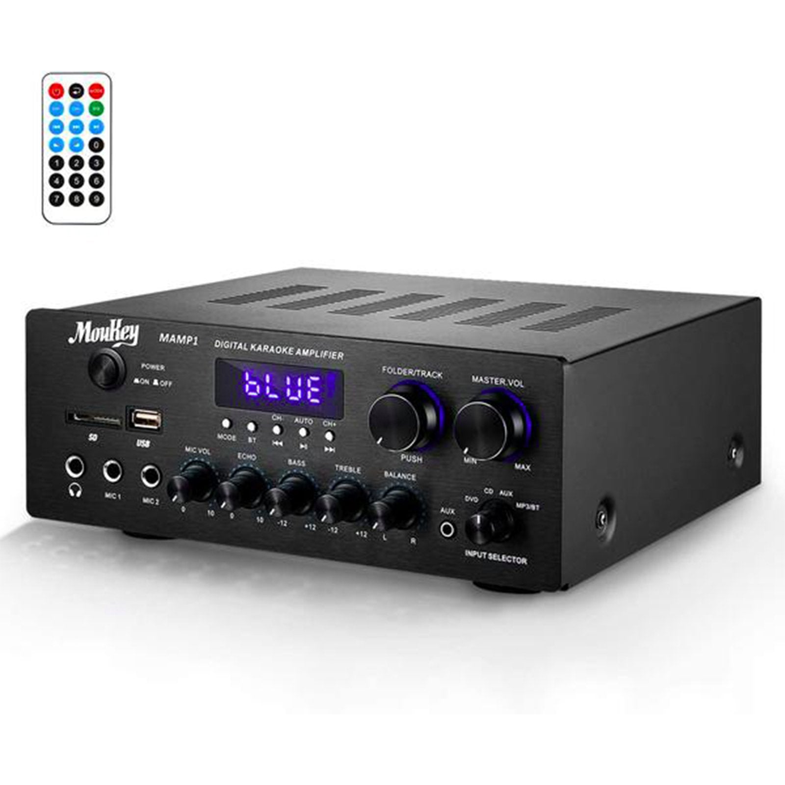 Moukey Bluetooth Power Amplifier System - w/USB, SD, AUX, MIC in w/Echo, Radio, LED - for Home Theater Entertainment via RCA