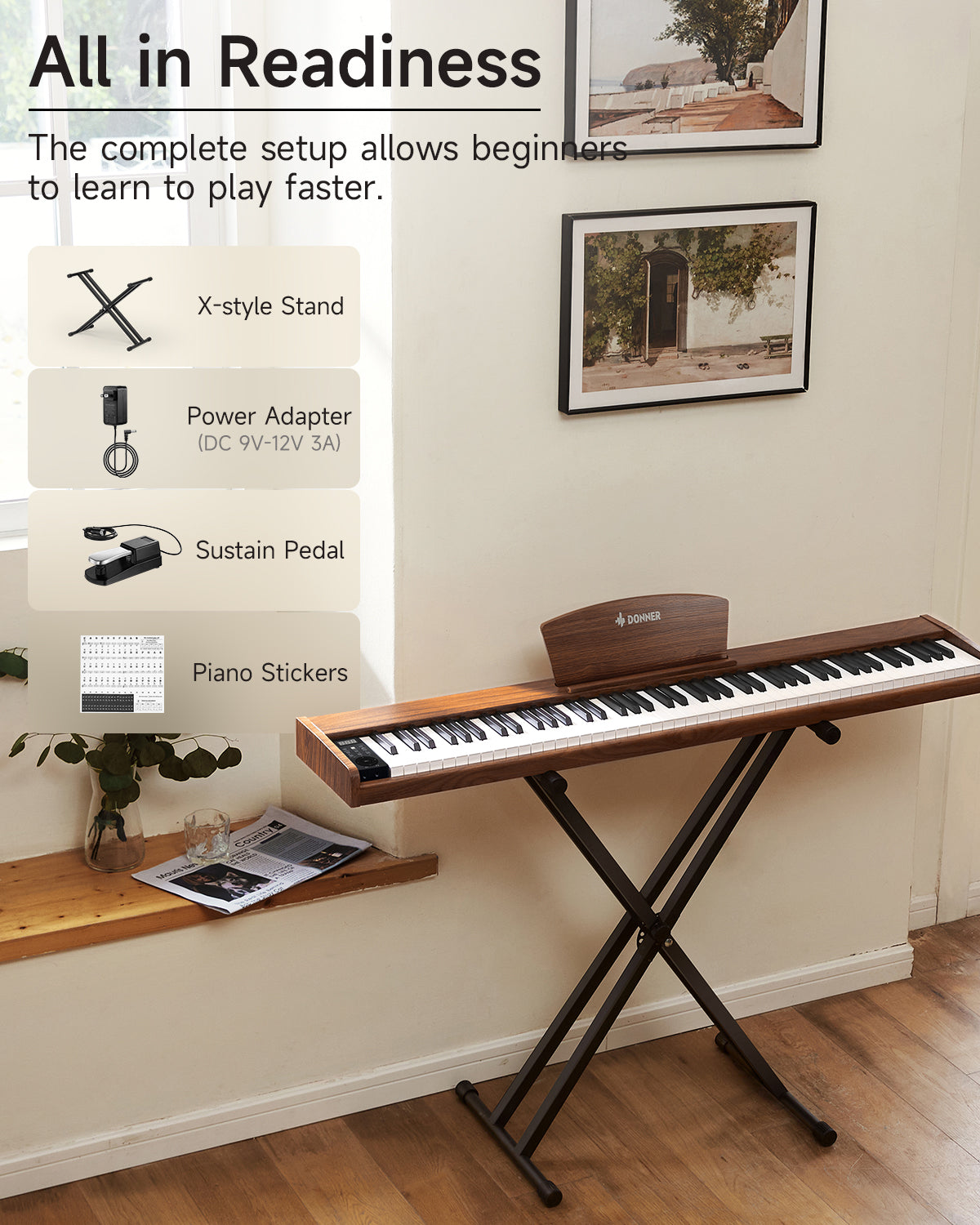 Donner DEP-1S Velocity-Sensitive Digital Piano-Antique Brown##
