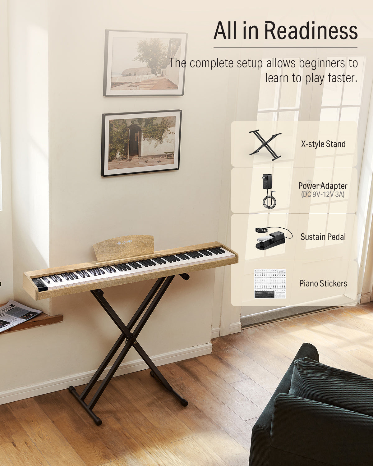 Donner DEP-1S Velocity-Sensitive Digital Piano-Light Wood##