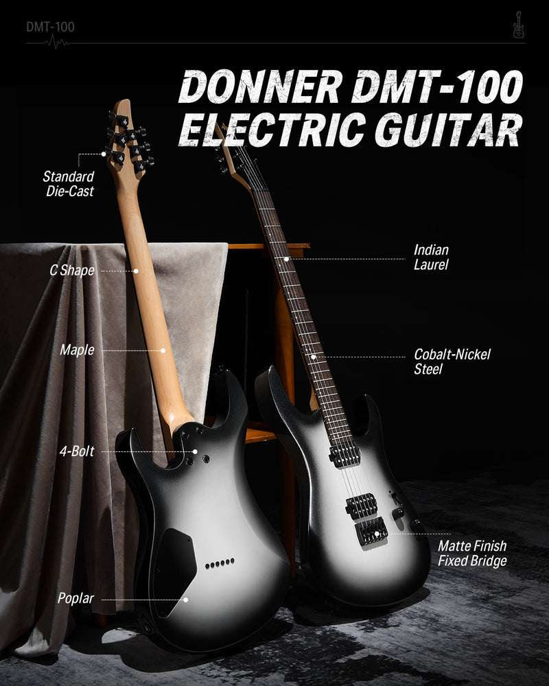 Donner DMT-100 39 Inch Solid Body Metal Rock Electric Guitar Beginner Kit