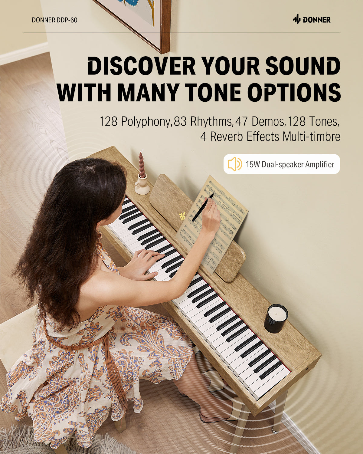 Donner DDP-60 88-Key Semi-Weighted Wooden Upright Digital Piano with 3-Pedal for Beginner