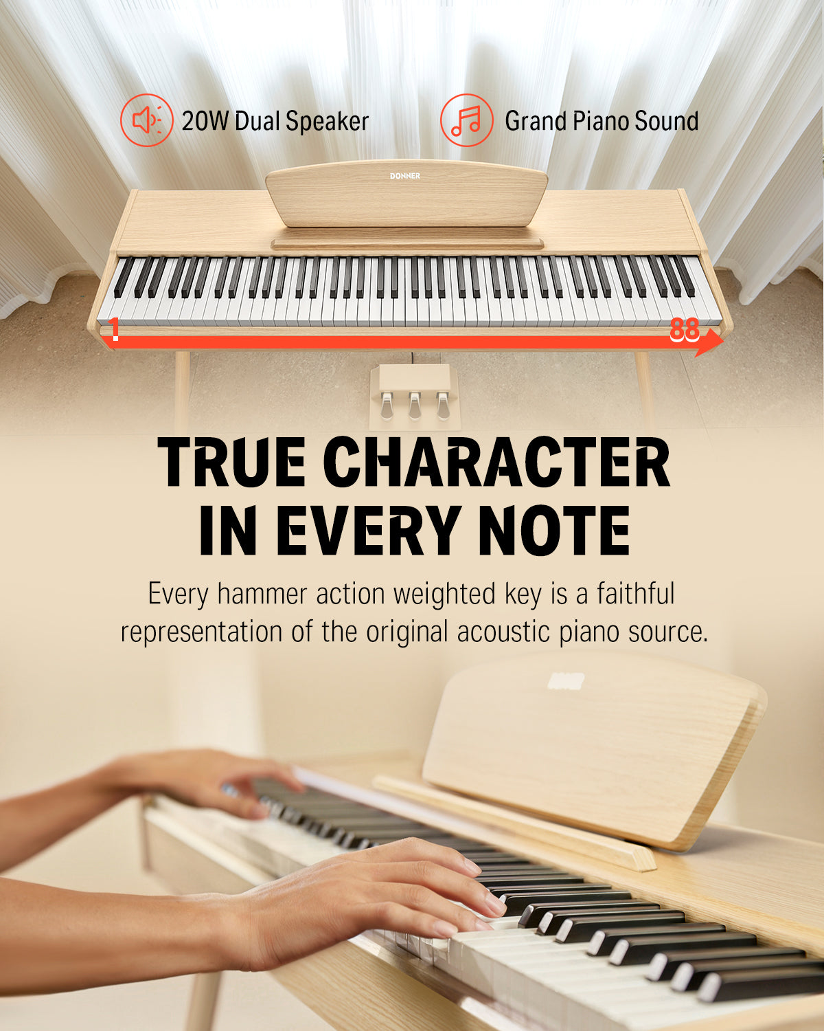 Donner DDP-80 88 Key Wooden Style Home Digital Piano with Weighted Keyboard