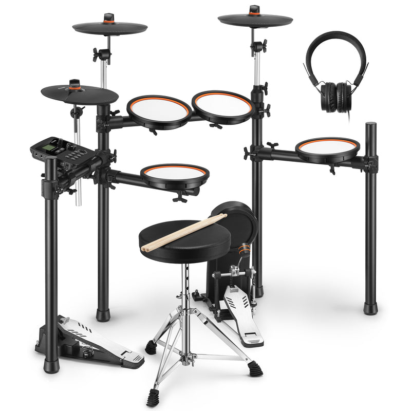 Donner DED-100 Electric Drum Set, Electric Drum for Beginner/Intermediate with Dual Zone Quiet Mesh Drum Pads, Mesh Kick Drum, 30+ Kits and 425 Sounds, Throne, Headphones, Sticks, Melodics Lessons