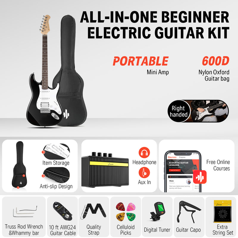 Donner DST-100R Kit de guitare électrique pleine grandeur 39 pouces à corps solide, débutant, avec amplificateur, sac, capo, sangle, corde, accordeur, câble, médiators