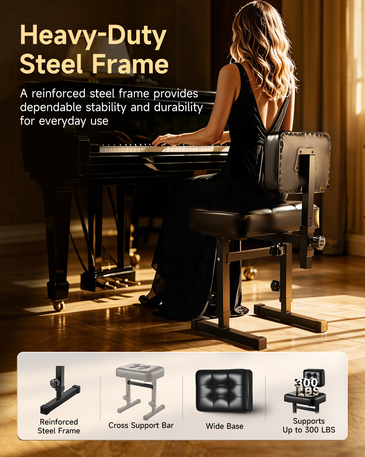 Donner Thick-padded Single Piano Bench with Backrest