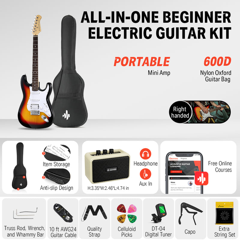 Donner DST-100R Kit de guitare électrique pleine grandeur 39 pouces à corps solide, débutant, avec amplificateur, sac, capo, sangle, corde, accordeur, câble, médiators