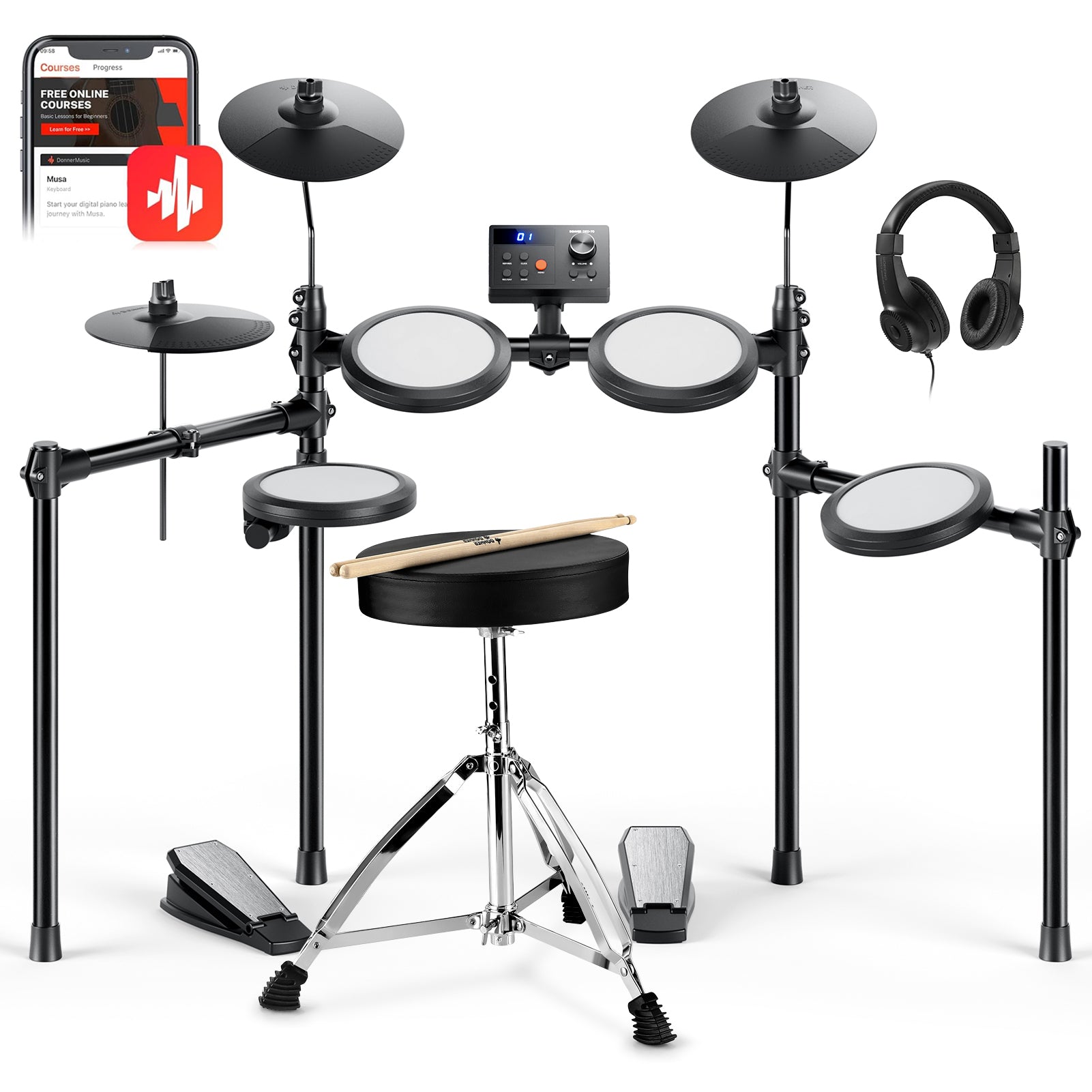 Donner DED-70 Electronic Drum Set 4-Drum 3-Cymbal For Beginners with Headphones/Drum Throne