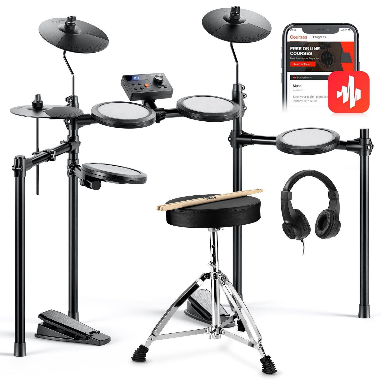 Donner DED-70 Electronic Drum Set 4-Drum 3-Cymbal For Beginners with Headphones/Drum Throne