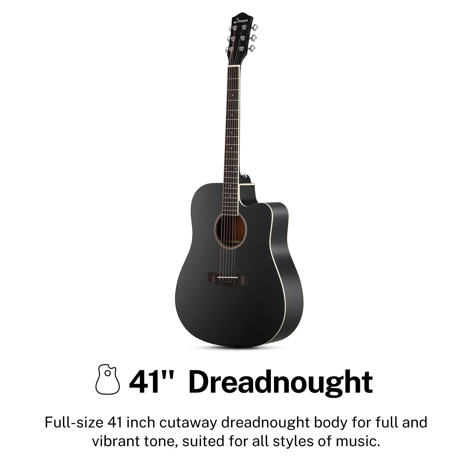 Donner DAD-160CD Cutaway Kit de débutant pour guitare acoustique pleine grandeur 41 pouces, droitier, noir