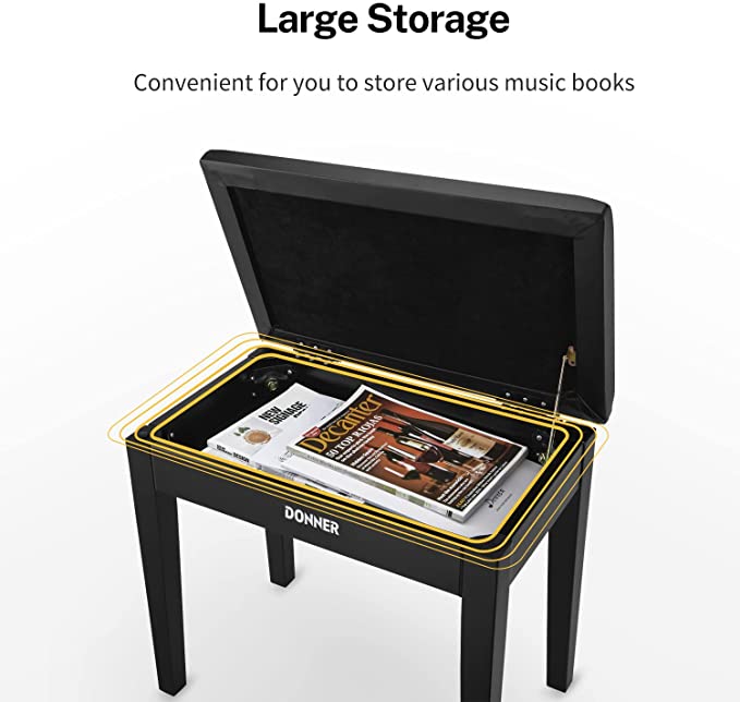 Donner Piano Bench Solid Wood with Storage Black