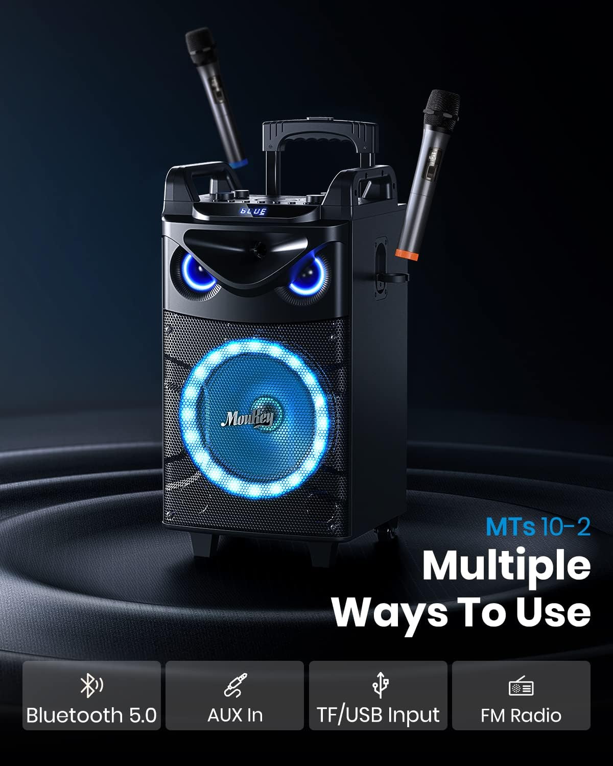 Moukey 10" Woofer Portable PA Karaoke Machine with Bluetooth Speaker and 2 Wireless Microphones