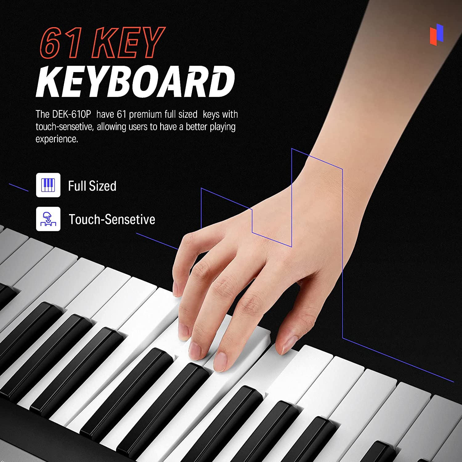 Donner DEK-610P 61 Key Full-Size Force-Sensitive Electronic Keyboard with MIDI Mixer Function LCD Display