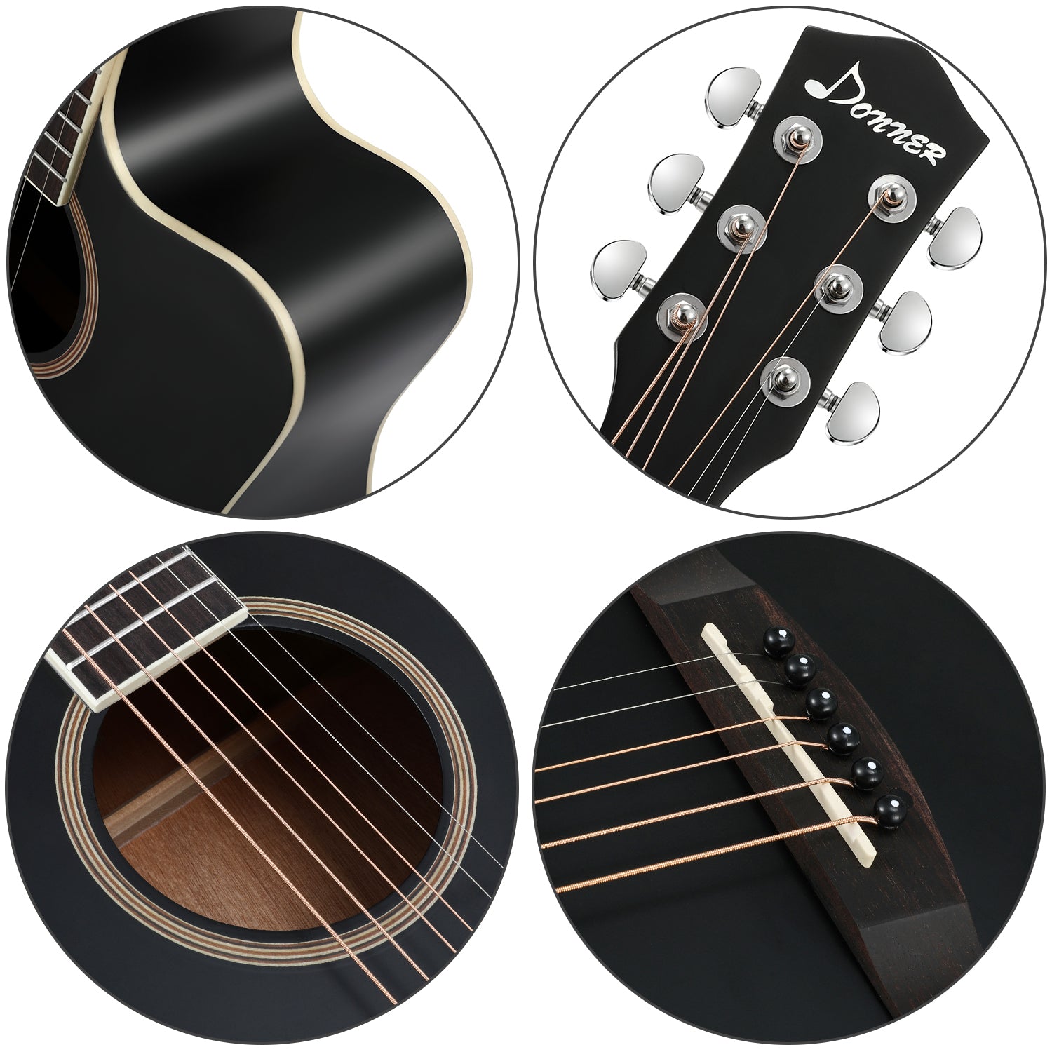 Donner DAD-160CD Cutaway Kit de débutant pour guitare acoustique pleine grandeur 41 pouces, droitier, noir